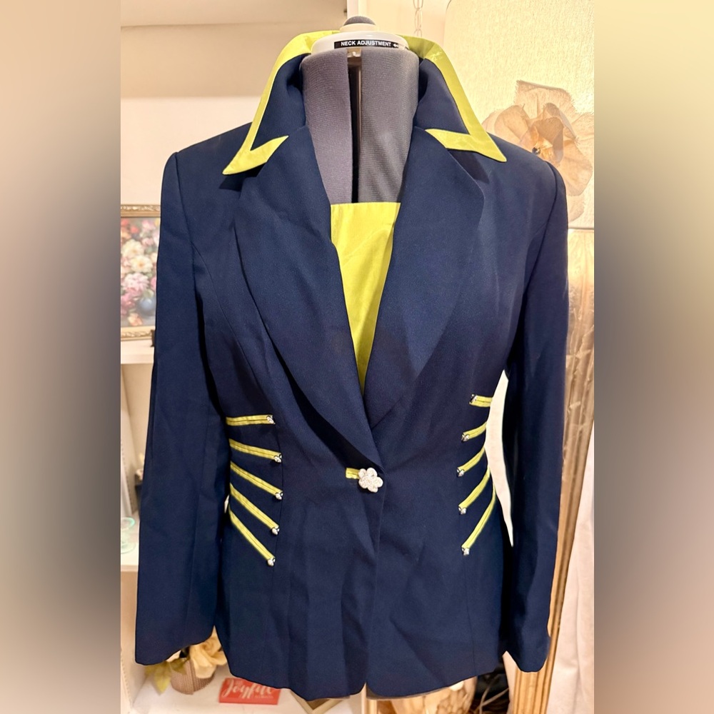 J.P. Fall Military-Style Blazer Jacket Size 10 – Navy with Lime Green Accents